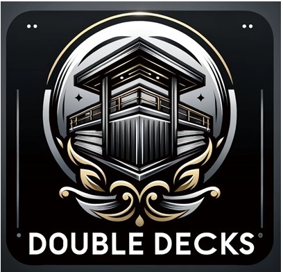 Abstract logo for Double Decks, featuring geometric shapes in silver, black, and gold, symbolizing a double deck trade show booth.